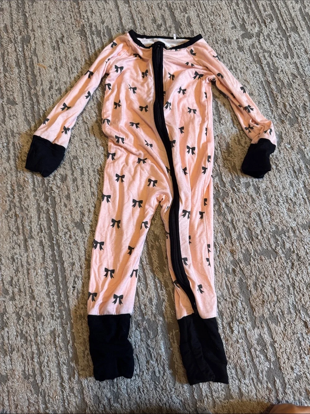 Pink Bow-Print Kids One-Piece Pajama with Black Trim 9-12 month bamboo